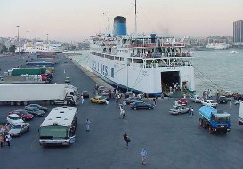 Ferry Sappho in Pireaus, Greece for the trip to Lesvos